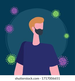 young man using face mask with particles covid 19 vector illustration design