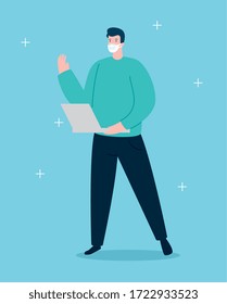 young man using face mask with laptop vector illustration design