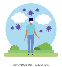 young man using face mask for covid19 pandemic vector illustration design