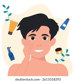 Young man using facial cream as part of skincare routine, a man applying moisturizer vector illustration