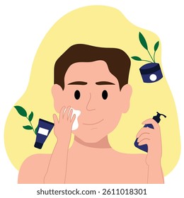 Young man using facial cream as part of skincare routine, a man applying moisturizer vector illustration