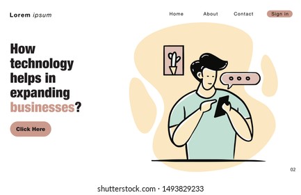 A Young man using gadgets. Vector flat illustration. Landing page template, cartoon style.
