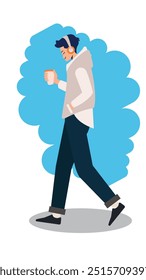 Jovem usando fone de ouvido em movimento. Uma pessoa andando com uma xícara de café ao ar livre. Cara passeando e ouvindo música. Ilustração de vetor plano