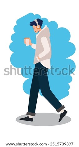 Young man using headphone on go. Person walking with coffee cup in hand outdoors. Guy strolling and listening to music. Flat vector illustration