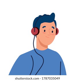 young man using headphones on white background vector illustration design