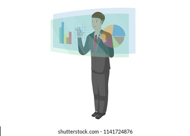 young man is using a hologram technology and touching screen has a graph chart data