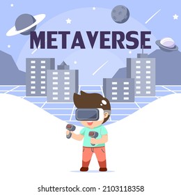 Junge Menschen mit einem innovativen Virtual-Reality-Gerät, das die Welt des Simulators erforscht. Metaverse Konzept Vector Illustration flaches Design für Banner, Poster und Hintergrund.