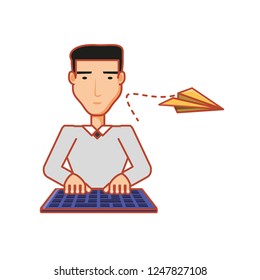 young man using keyboard and airplane paper