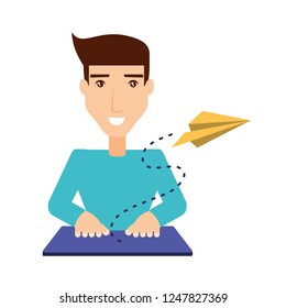 young man using keyboard and airplane paper