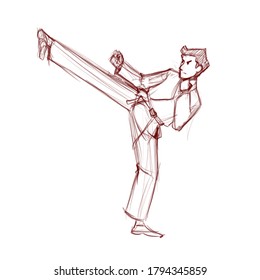 Young man using kimono training karate kick sketch illustration isolated on white