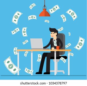 Young man using a laptop building online business making dollar bills cash falling down. Success economy concept . Vector Illustration. 