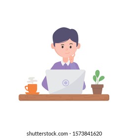 young man using laptop with coffee and plant vector illustration