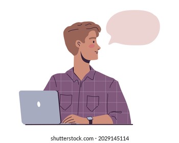 Young man using laptop for communication vector illustration 