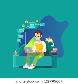 Young Man Using Laptop Computer and Social Networking for Job Search. A Student Works as a Freelancer Sitting on a Sofa at Home vector Illustration