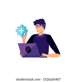 young man using laptop computer vector illustration design