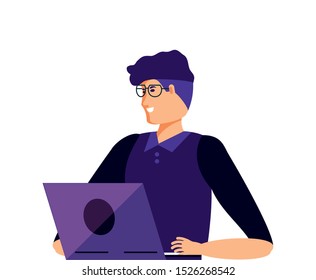 young man using laptop computer vector illustration design