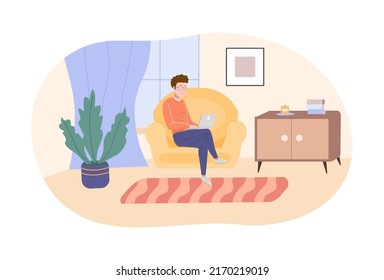 Young man using laptop computer at cozy room. Male freelancer in casual clothes working remotely at home or surfing internet. Freelance, online education, remote work flat vector