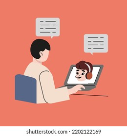 Young man using laptop computer for entertainment sitting at home table. Guy person in headphones listening to music or surfing on Internet. Technology, media, leisure flat vector illustration