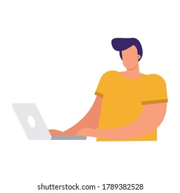 young man using laptop connecting technology character vector illustration design