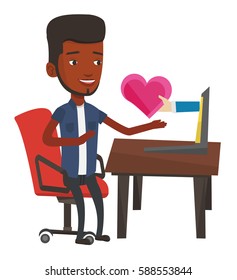 Young man using laptop and dating online. Man looking for online date on the internet. Man dating online and getting virtual love message. Vector flat design illustration isolated on white background.