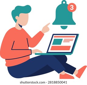 Young man using laptop with digital notification bell alert. 2D flat illustration of a man with blue hair using a laptop beside a large notification bell icon on a grey background. Ideal for website banners, tech blogs, or mobile app UI designs.