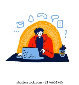 Young man using laptop doodle art. Boy, student working online, freelancing, education, knowledge concept. Cartoon style character. Hand drawn Vector illustration