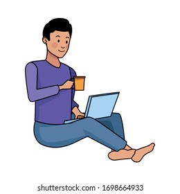 young man using laptop and drink coffee vector illustration design
