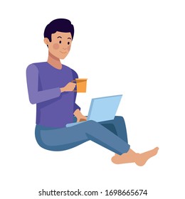 Joven que utiliza el diseño de la ilustración de los vectores de café para portátiles y bebidas