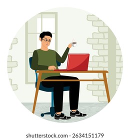 Young man using a laptop at home, holding a steaming mug of coffee, emanating productivity and relaxation in a cozy interior setting.