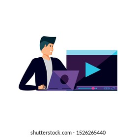 young man using laptop and media player template vector illustration design