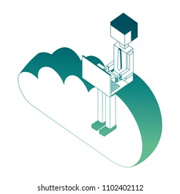young man using laptop on cloud storage isometric