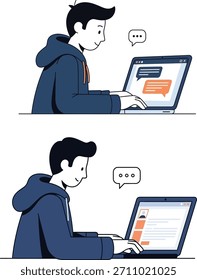Hombre joven que usa el ordenador portátil para la comunicación en línea y actividades de redes sociales. Persona que participa en la mensajería digital y la creación de contenido. Ilustración de diseño plano moderno.
