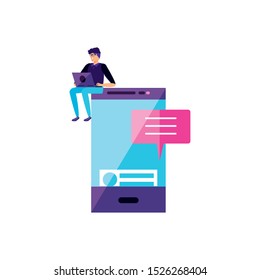 young man using laptop with smartphone vector illustration design