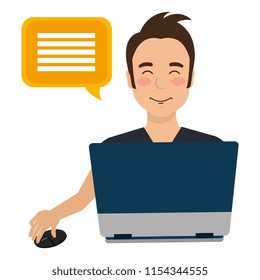 young man using laptop with speech bubble