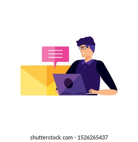 young man using laptop with speech bubble and email vector illustration design