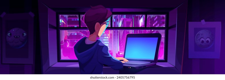 Young man using laptop standing by window overlooking city at night. Cartoon view from glass on neon purple and blue light of futuristic urban center. Portative computer on windowsill inside room.