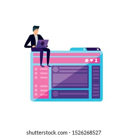 young man using laptop in webpage template vector illustration design