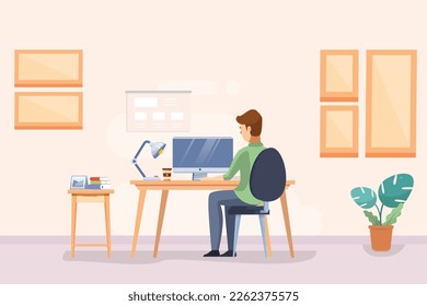 Young man using laptop for working at home,in cartoon character,new normal lifestyle