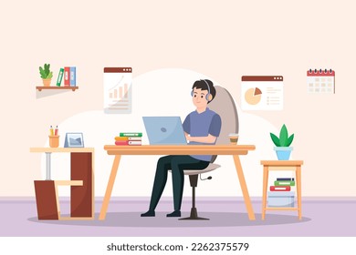 Young man using laptop for working at home,in cartoon character,new normal lifestyle