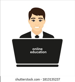 Joven usando laptop. Estudiante viendo clases en línea en casa durante la cuarentena. Concepto de educación a distancia y e-learning. Icono de educación en línea.Ilustración vectorial.