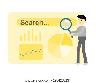 Young man using magnifying glass searching data from internet. Searching for information, data, job or important things, search engine concept