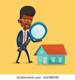 Young man using a magnifying glass for looking for a new house. Businessman with a magnifying glass checking a house. Man analyzing house with loupe. Vector flat design illustration. Square layout.