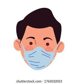 young man using medical mask head character vector illustration design