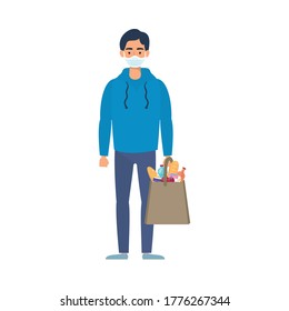 young man using medical mask with supermarket bag vector illustration design