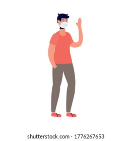 young man using medical mask walking vector illustration design