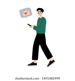 Young Man Using Mobile Application for Dating or Searching for Romantic Partner, Online Dating Vector Illustration