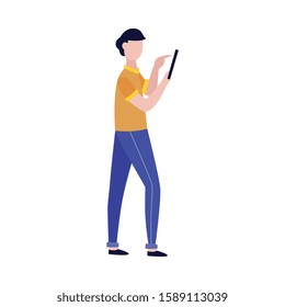 Young man using mobile phone or making photo or video of himself with camera on smartphone in flat style. Isolated vector illustration of creating content for blog or commenting concept.