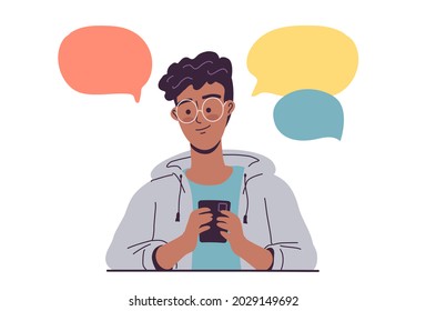Young man using mobile phone for communicating white isolated character design