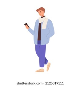 Young man using mobile phone on go. Person walking with smartphone in hand outdoors. Guy strolling and surfing internet. Cellphone user on street. Flat vector illustration isolated on white background