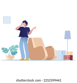 Hombre joven usando un teléfono móvil. Usando smartphones, charlando, haciendo videollamadas, llamando. Los amigos se comunican por teléfono. Caricatura vectorial plana. Caracteres en la llamada a casa. Servicio al cliente. 